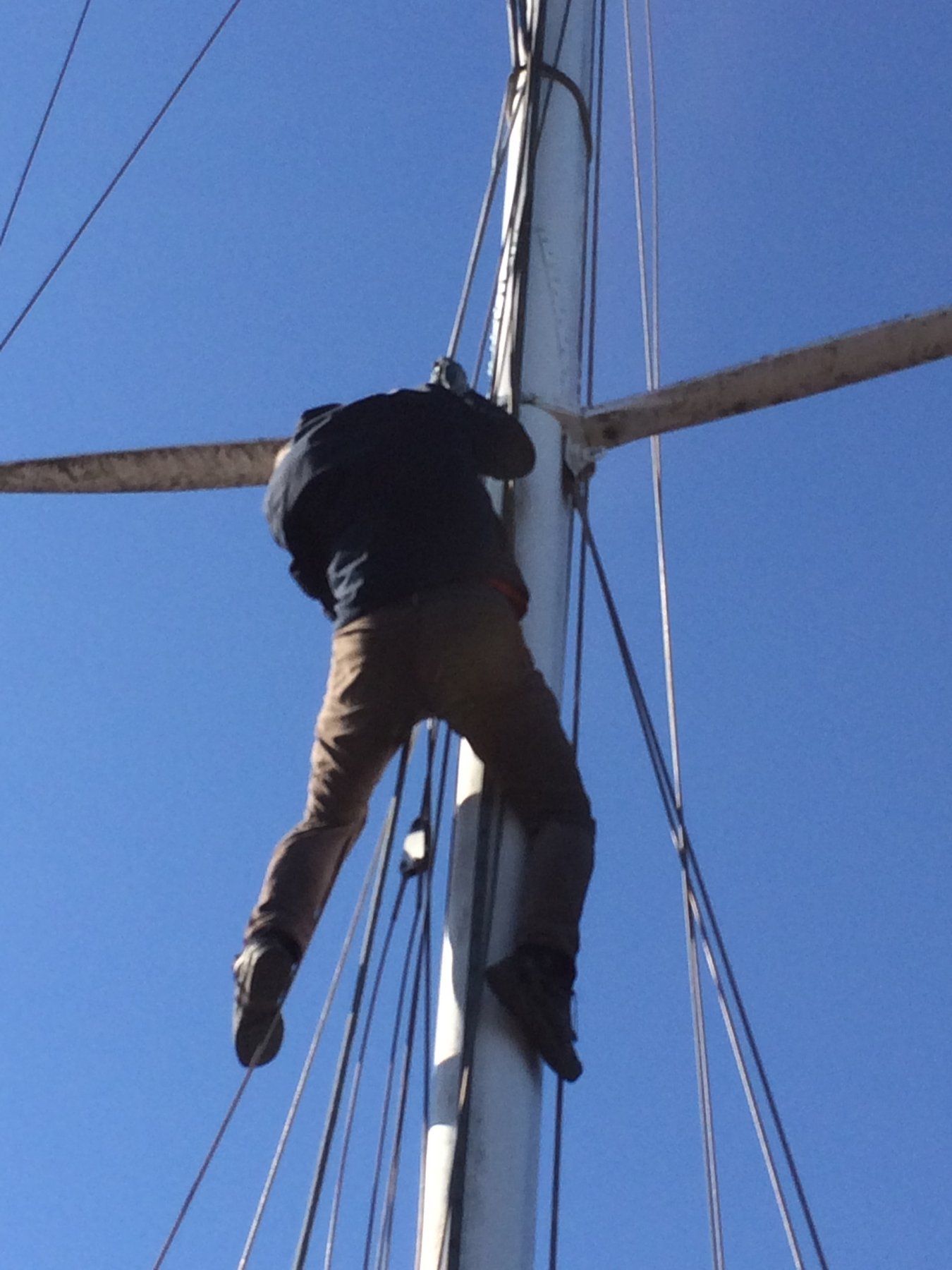 A crew member points forward from the spreaders of the classic 1946 Philip Rhodes-designed Merry Maiden, silhouetted against the brilliant blue Puget Sound sky during a spring sailing day.