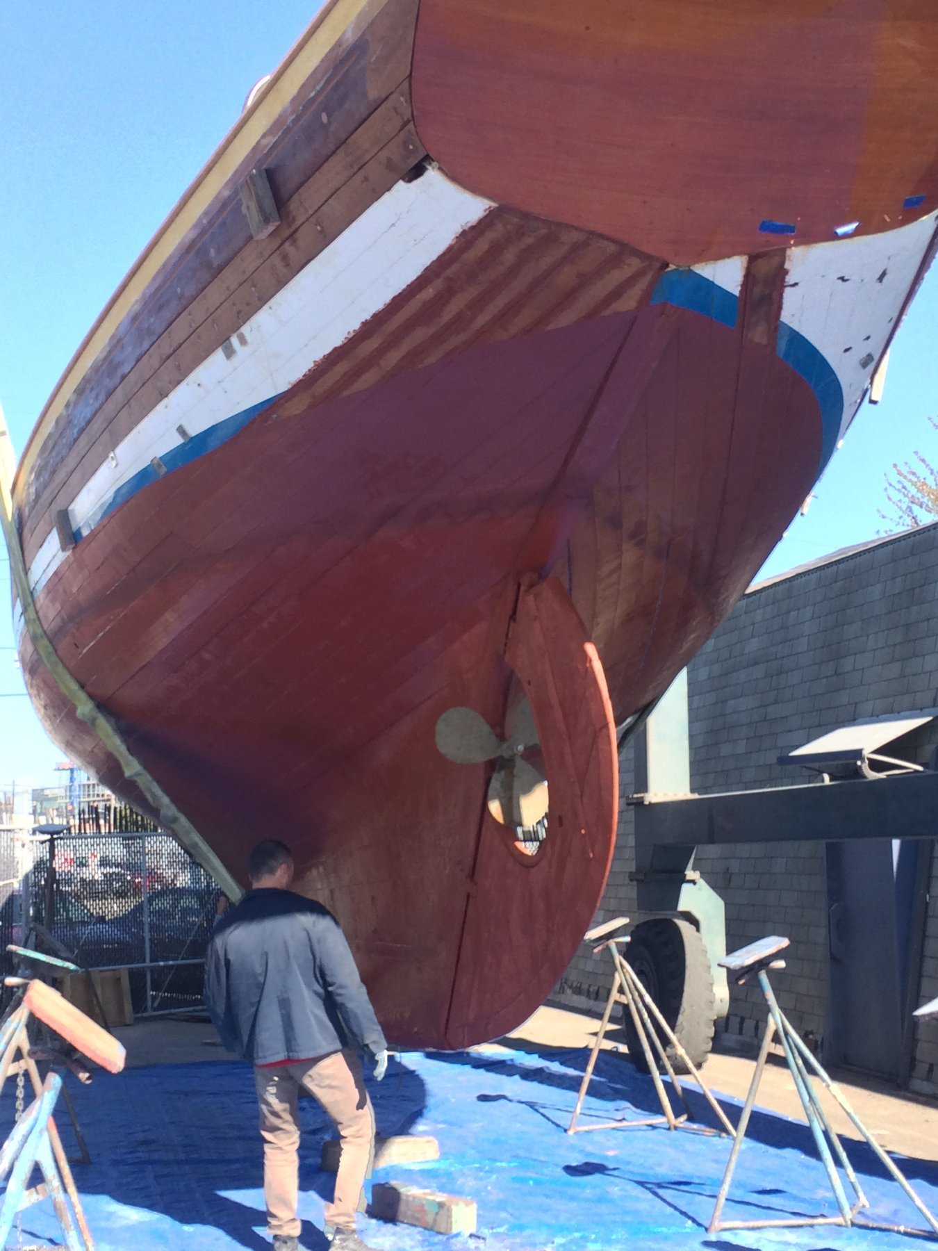 The classic 1946 Philip Rhodes-designed Merry Maiden reveals her graceful hull lines and traditional construction while hauled out in the Puget Sound boatyard, her burgundy topsides contrasting beautifully against the clear spring sky.