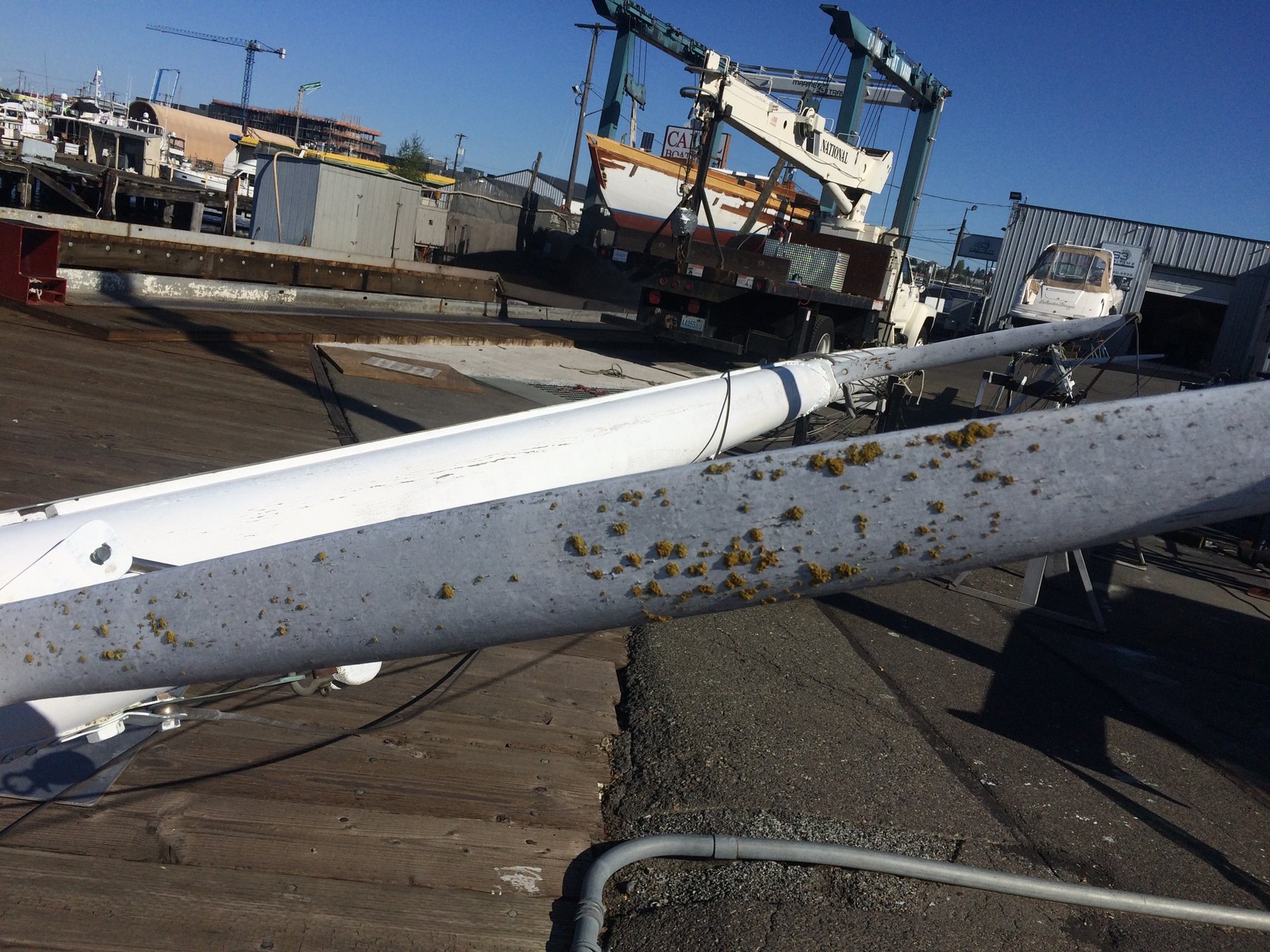 The Merry Maiden's boom rests on the boatyard ground, encrusted with marine growth and barnacles, as the classic 1946 Philip Rhodes design awaits restoration among the industrial shipyard infrastructure.
