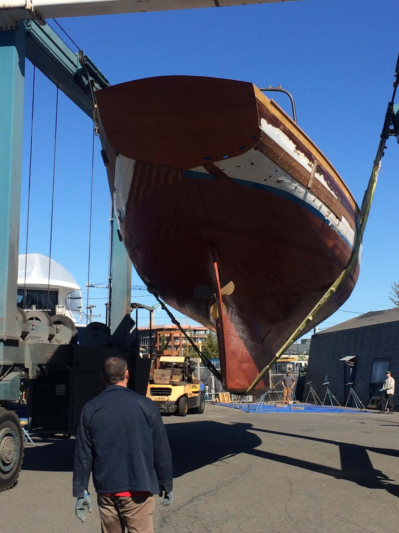 The classic 1946 Philip Rhodes design Merry Maiden rests in Puget Sound waters, her gleaming hull and traditional lines a testament to mid-century wooden yacht craftsmanship.